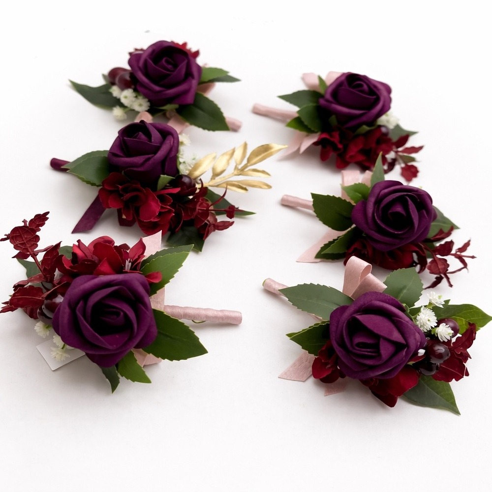 6pc Burgundy Plum Rose Boutonniere Set Wedding Groomsmen Gold Leaf Silk Flowers